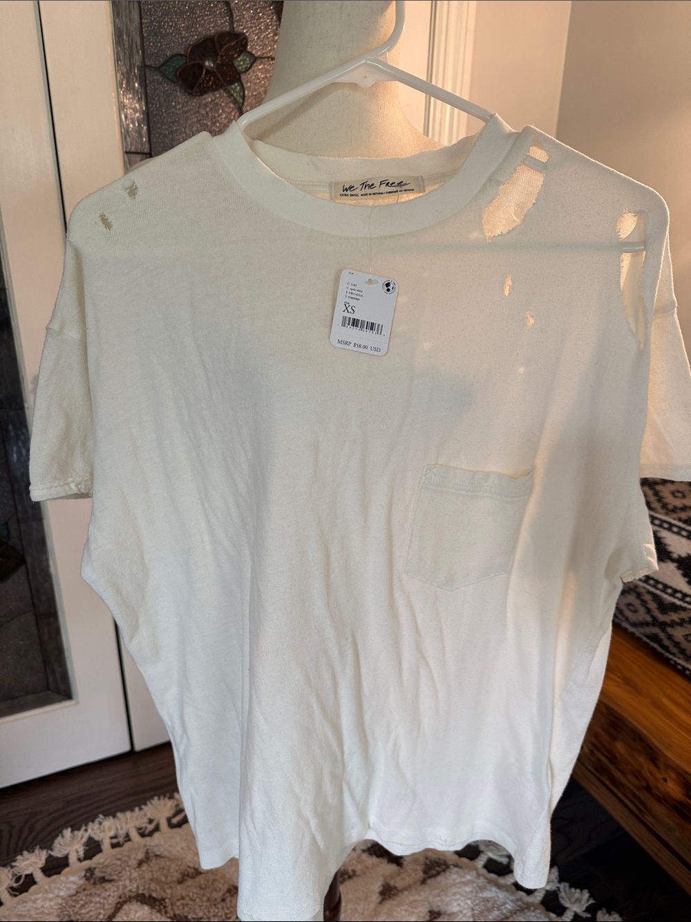 We The Free Cream Distressed Pocket Tee